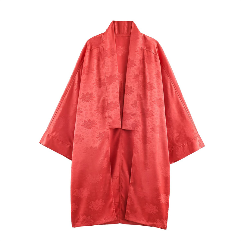 Embroidery Origin - Kimono en satin jacquard floral rouge