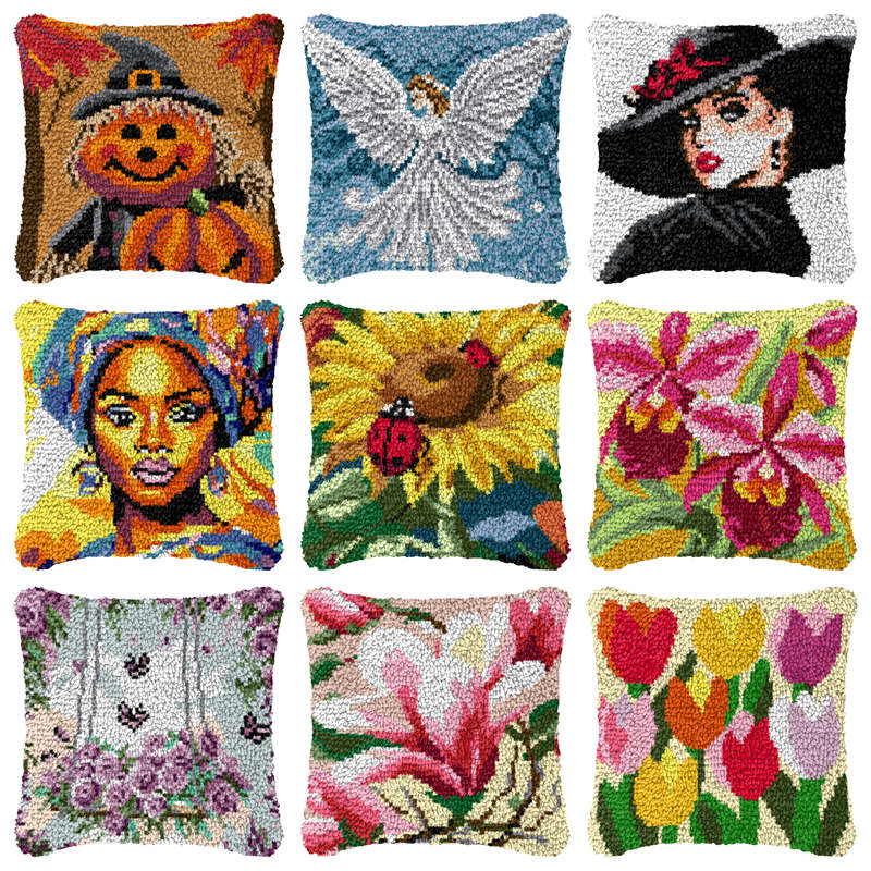 Printed Embroidery Kit - Fleurs dessin animé loquet crochet oreiller