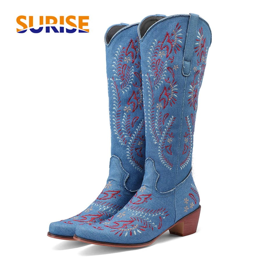Embroidery On Jeans - Bleu Denim Western Cowgirl genou bottes